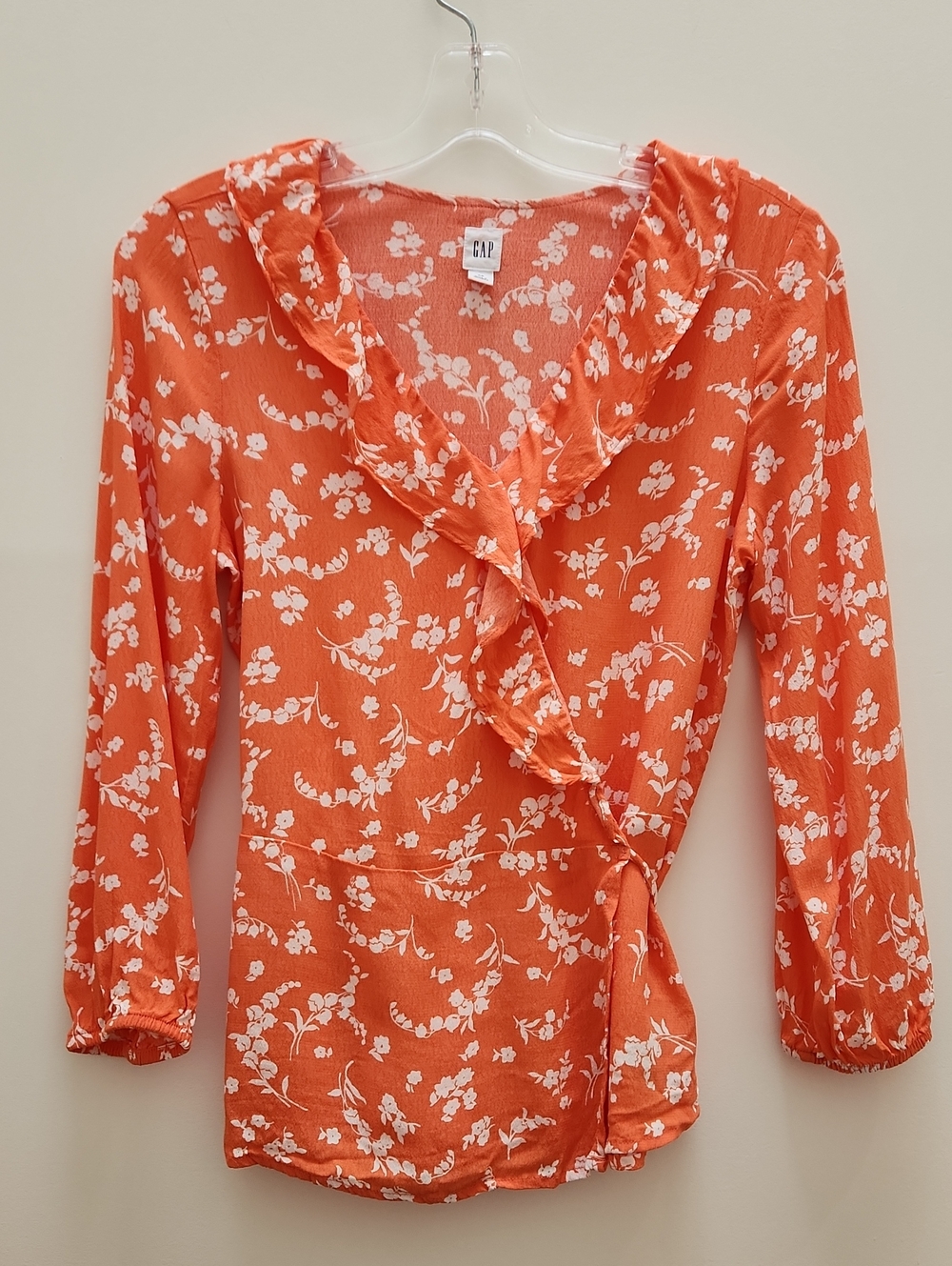 GAP Coral-Peach Floral Wrap Top with Ruffle Trim